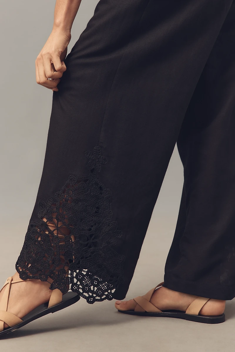 Ranna Gill Linen Blend Embroidered Wide-Leg Pants