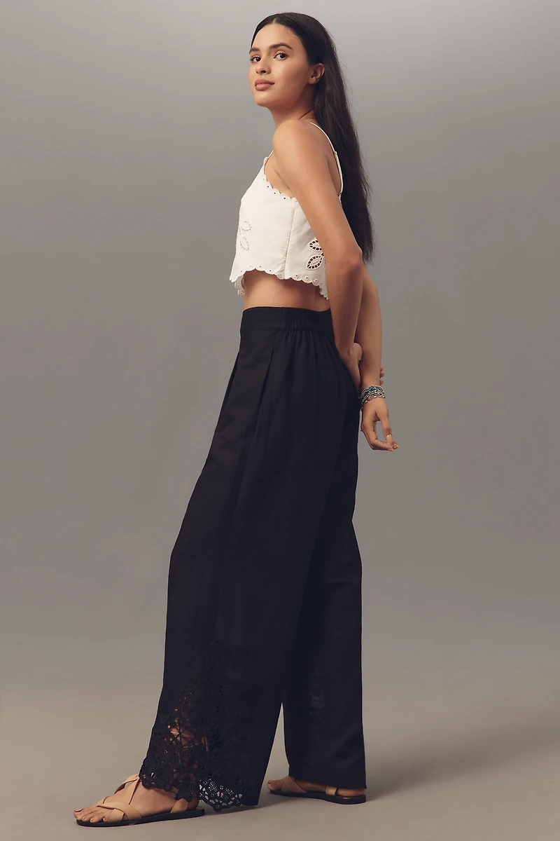 Ranna Gill Linen Blend Embroidered Wide-Leg Pants