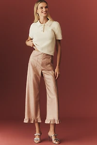 The Colette Crop Metallic Faux Leather Ruffle-Hem Pants by Maeve