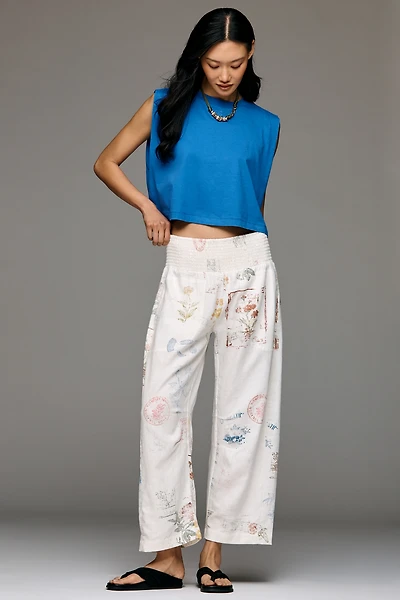 The Reese Printed Smocked Pull-On Barrel Pants by Pilcro