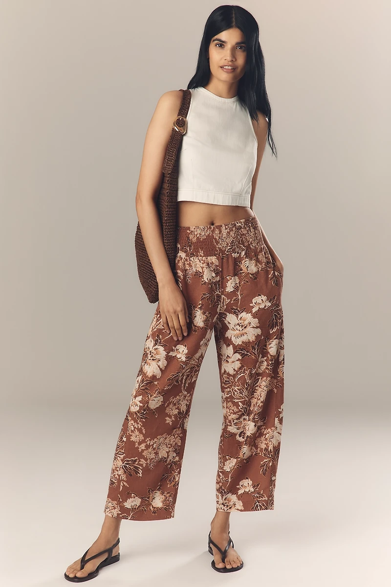 The Reese Printed Smocked Pull-On Barrel Pants by Pilcro