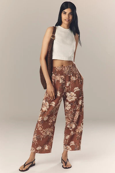 The Reese Printed Smocked Pull-On Barrel Pants by Pilcro