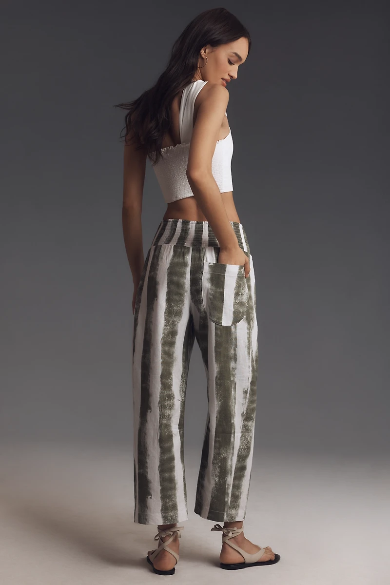 The Reese Printed Smocked Pull-On Barrel Pants by Pilcro