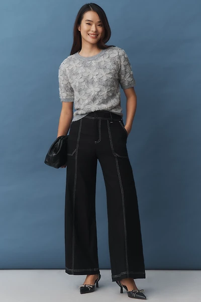 Maeve Linen Blend Top-Stitch Wide-Leg Pants