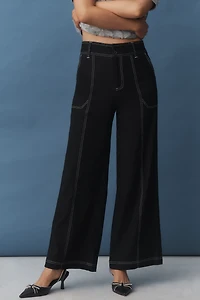 Maeve Linen Blend Top-Stitch Wide-Leg Pants