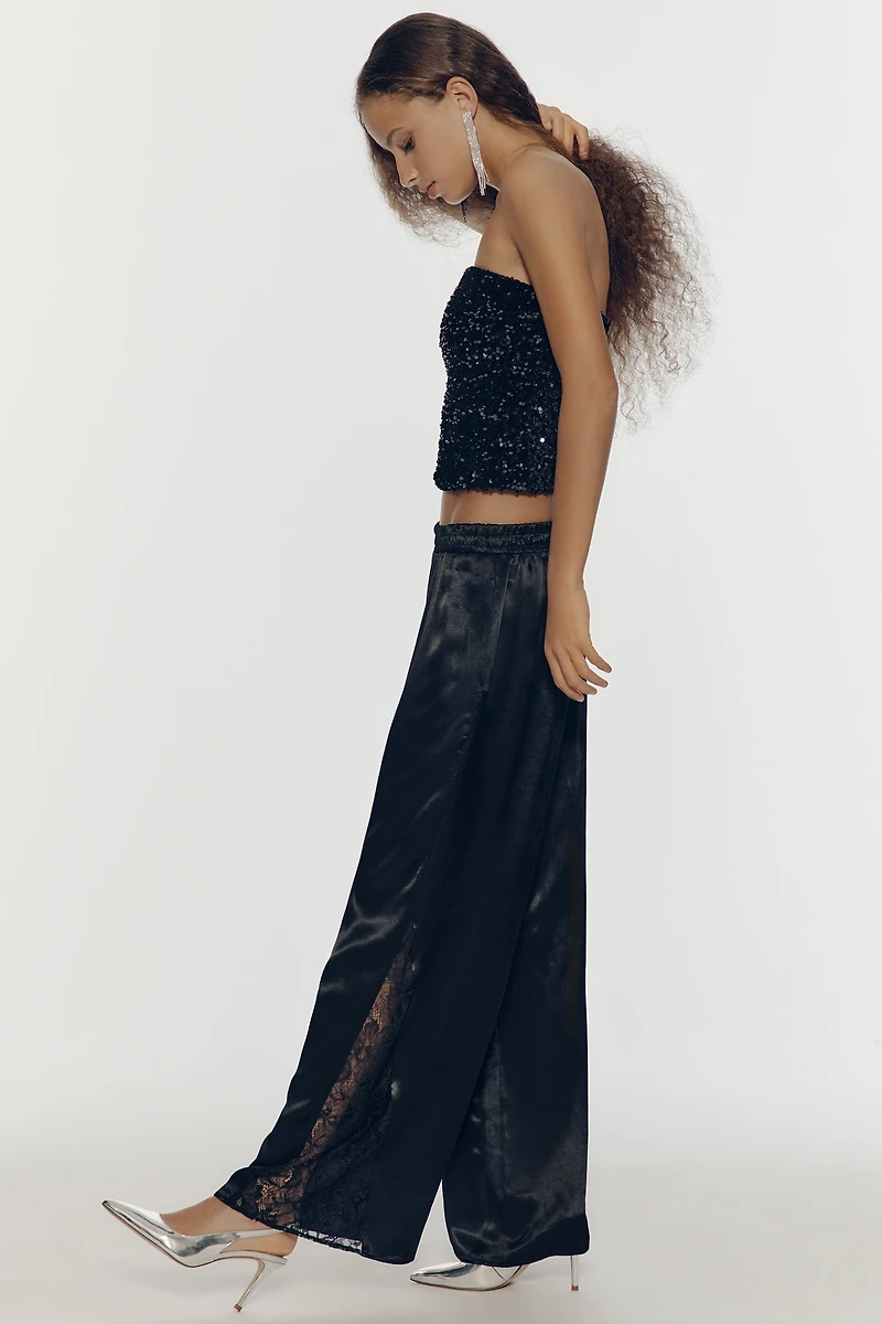 By Anthropologie Lace Insert Wide-Leg Pull-On Satin Pants
