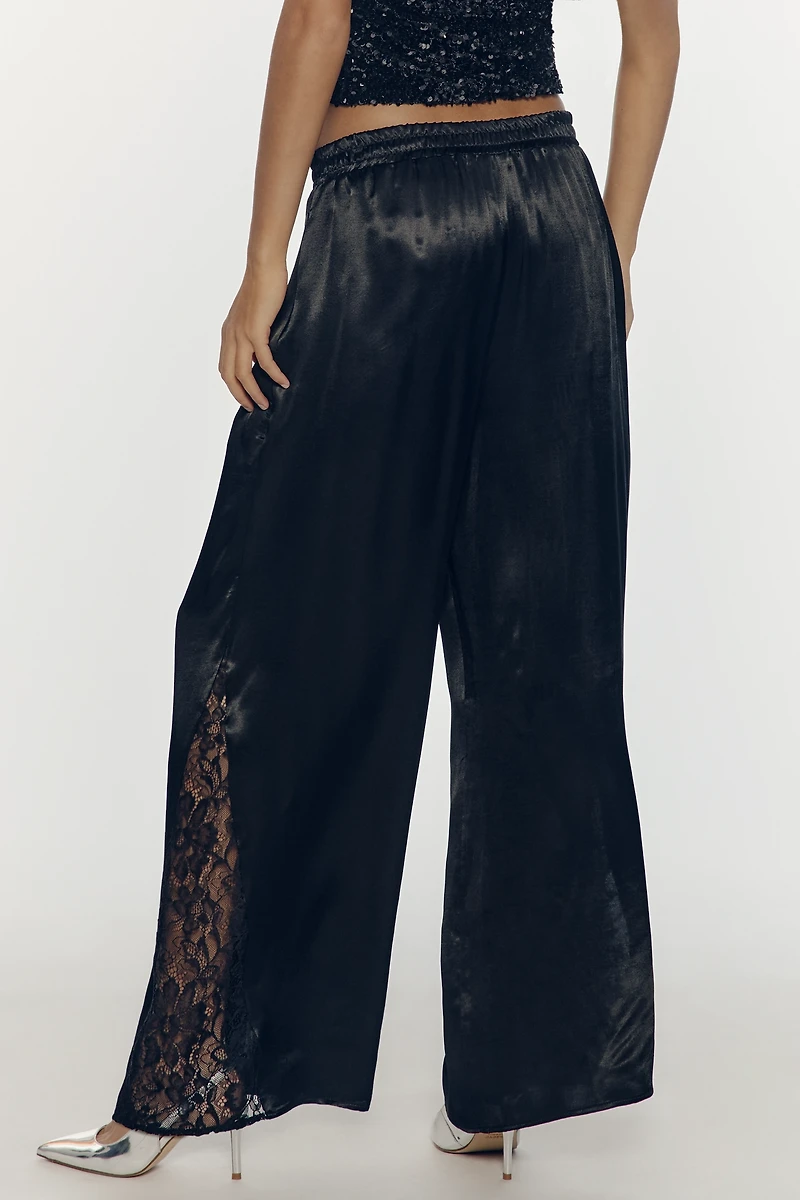 By Anthropologie Lace Insert Wide-Leg Pull-On Satin Pants