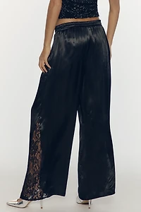 By Anthropologie Lace Insert Wide-Leg Pull-On Satin Pants