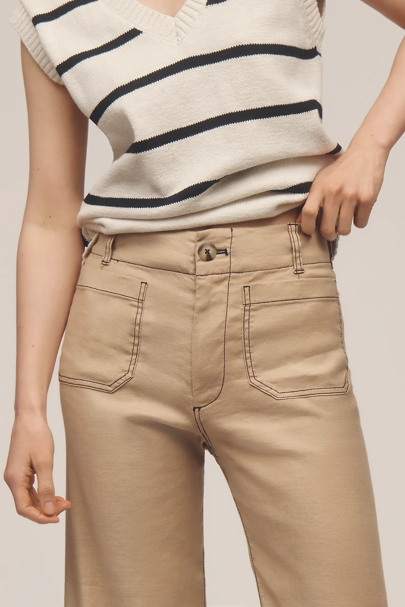 The Colette Contrast-Stitch Linen Crop Wide-Leg Pants by Maeve