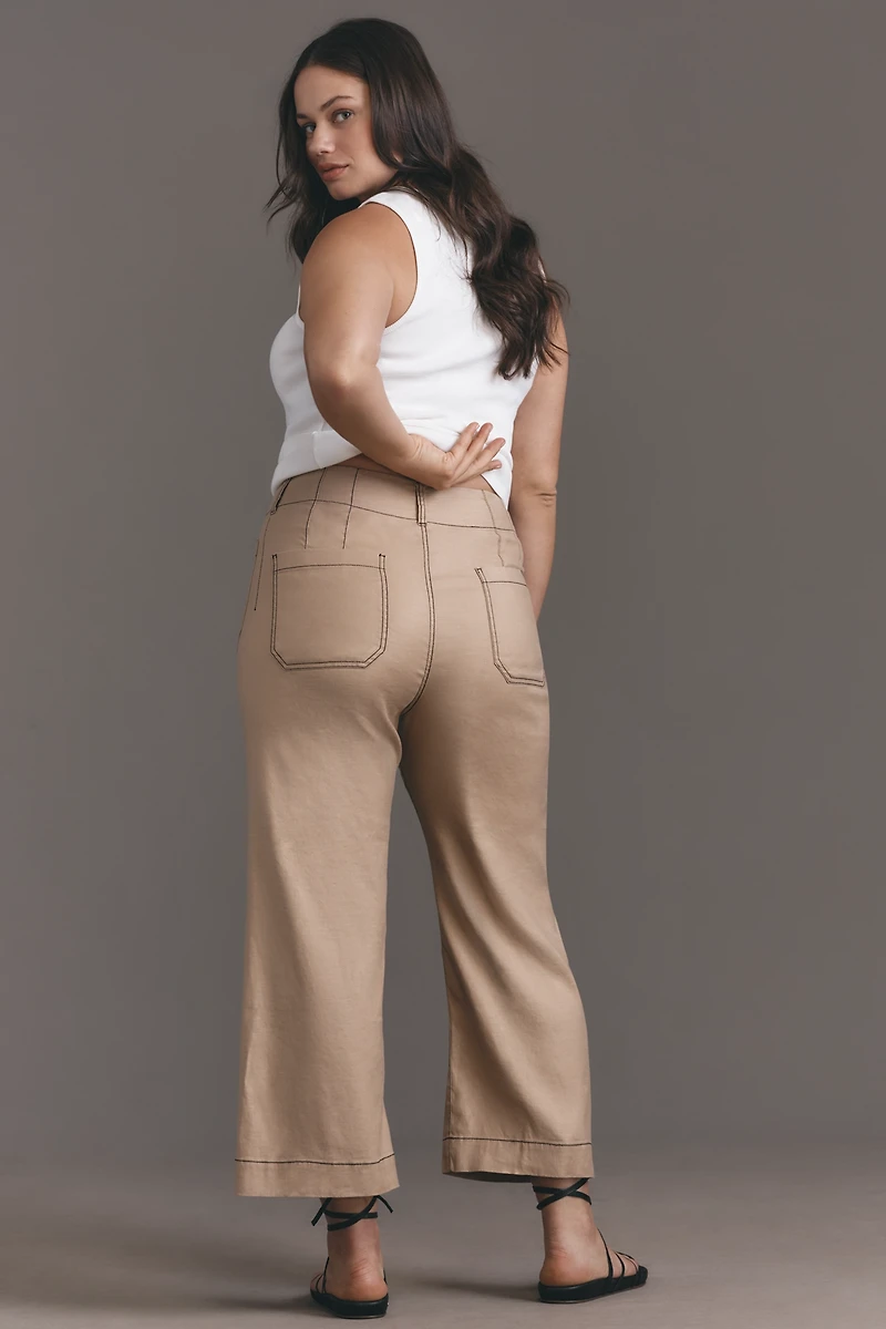 The Colette Contrast-Stitch Linen Crop Wide-Leg Pants by Maeve