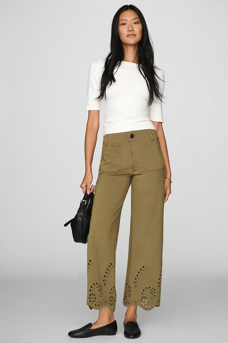 Maeve Colette Knit Cutwork High-Rise Wide-Leg Cropped Pants