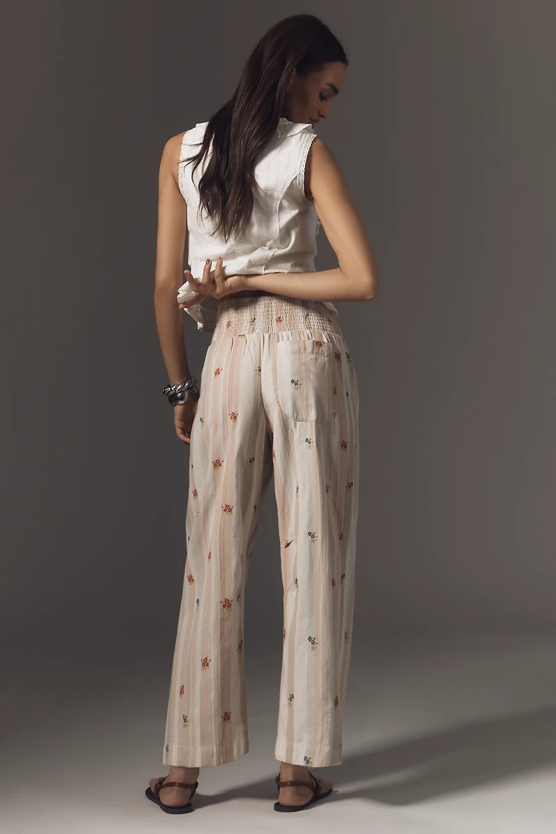 The Reese Printed Smocked Pull-On Barrel Pants by Pilcro
