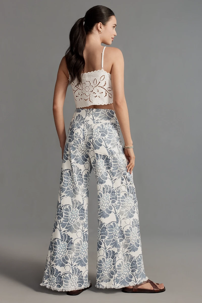 The Adi Printed Linen Mid-Rise Flare Pants by Pilcro