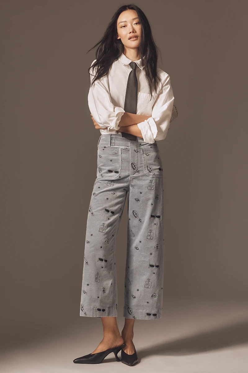 The Colette Crop Wide-Leg Embroidered Corduroy Pants by Maeve