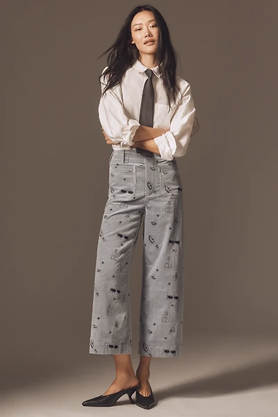 The Colette Crop Wide-Leg Embroidered Corduroy Pants by Maeve