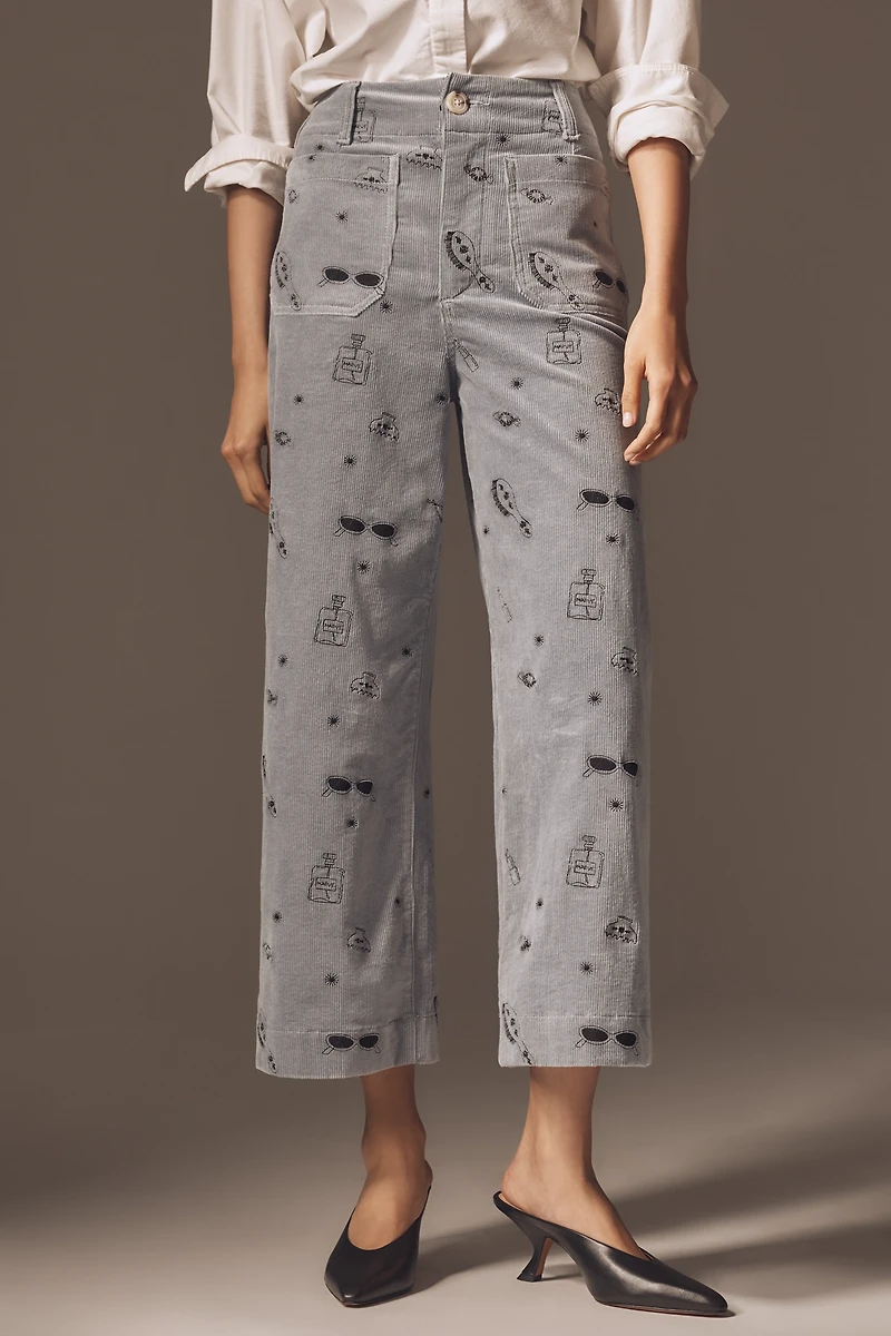 The Colette Crop Wide-Leg Embroidered Corduroy Pants by Maeve