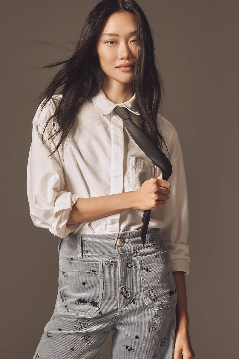 The Colette Crop Wide-Leg Embroidered Corduroy Pants by Maeve