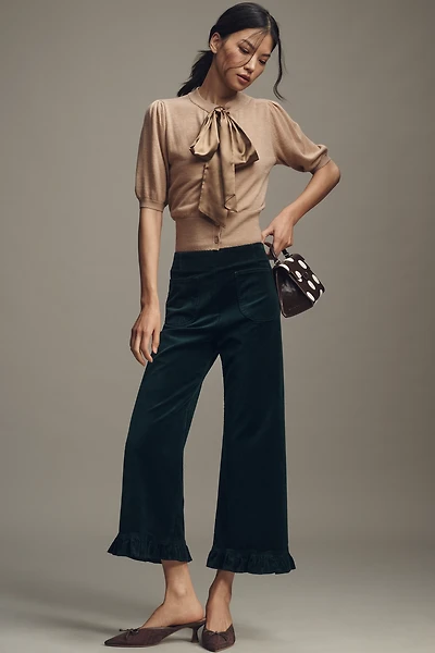 The Colette Crop Velvet Ruffle-Hem Pants by Maeve