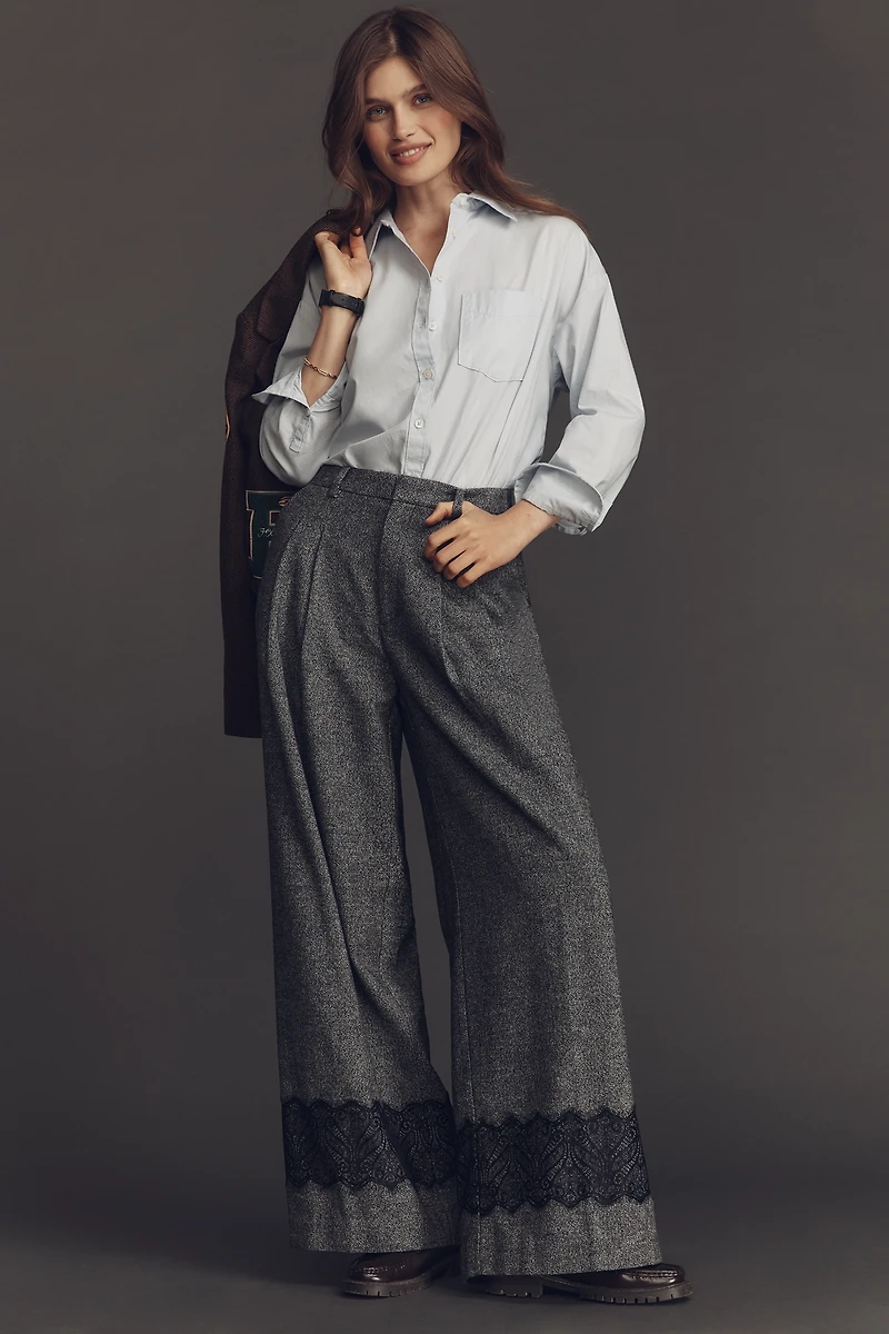 The Avery Pleated Wide-Leg Tweed Lace Trousers by Maeve