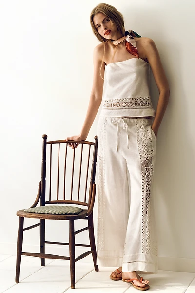 By Anthropologie Linen Lace Pull-On Pants