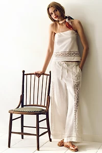 By Anthropologie Linen Lace Pull-On Pants