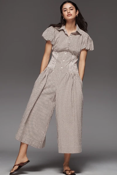 Maeve Puff-Sleeve Basque-Waist Wide-Leg Jumpsuit