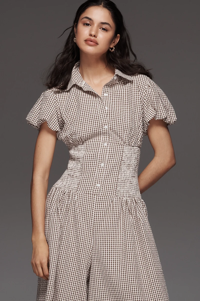 Maeve Puff-Sleeve Basque-Waist Wide-Leg Jumpsuit