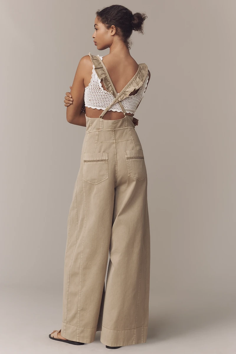 By Anthropologie Ruffle-Strap Washed Chino Overalls