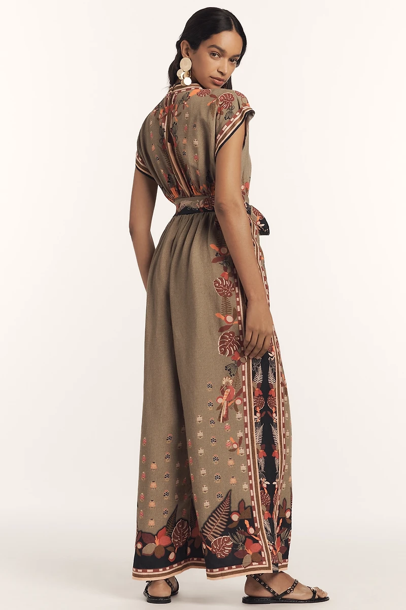Ranna Gill Linen Blend V-Neck Printed Wrap Wide-Leg Jumpsuit