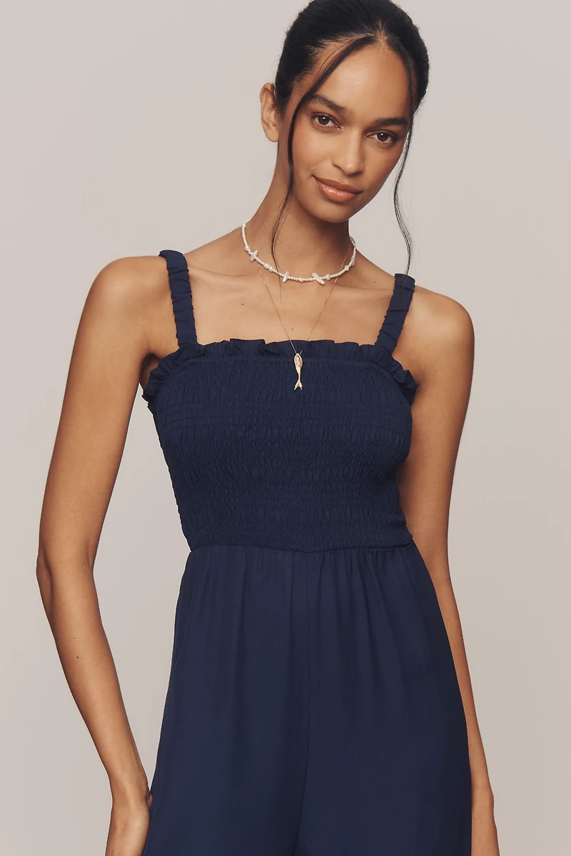 English Factory Sleeveless Smocked Wide-Leg Jumpsuit
