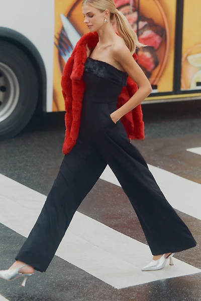 Hutch Faux-Fur Trim Strapless Jumpsuit