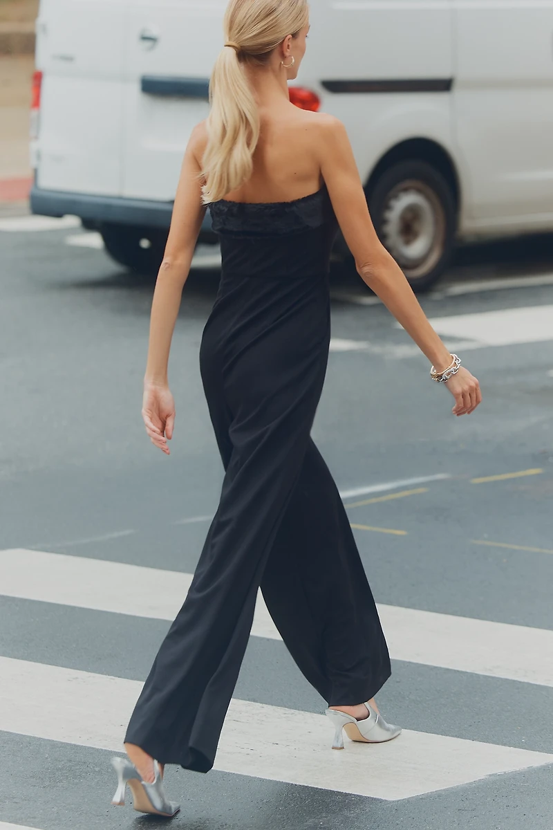 Hutch Faux-Fur Trim Strapless Jumpsuit