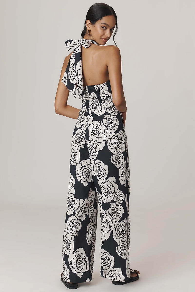KIVARI Carmen Rose Linen Blend Halter Wide-Leg Jumpsuit