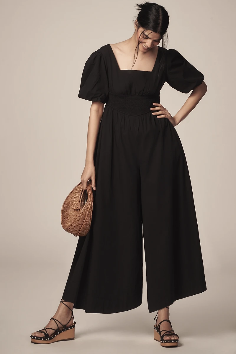 Maeve Puff-Sleeve Smocked Culotte Jumpsuit