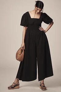 Maeve Puff-Sleeve Smocked Culotte Jumpsuit