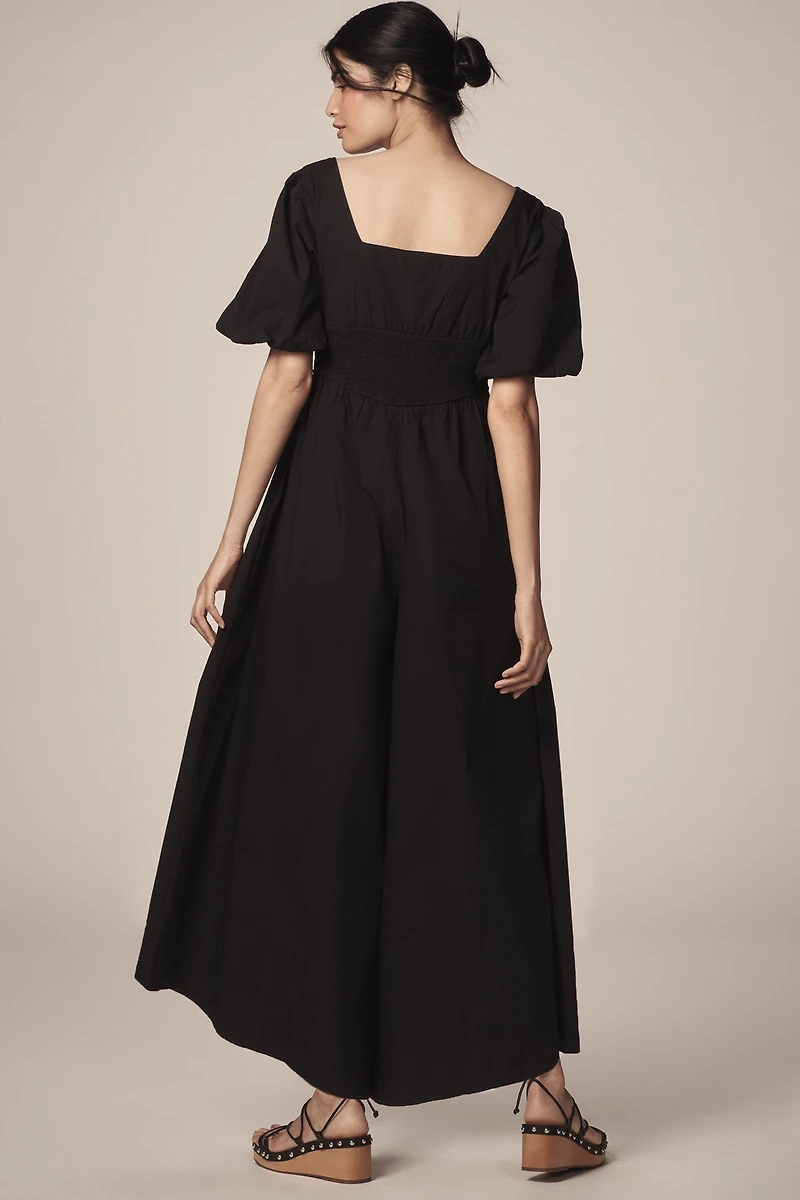 Maeve Puff-Sleeve Smocked Culotte Jumpsuit