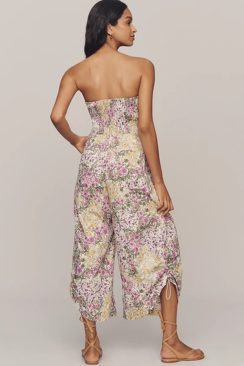 By Anthropologie Strapless Ruched Printed Jumpsuit