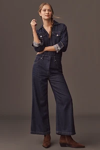 Hudson Long-Sleeve Wide-Leg Crop Denim Jumpsuit