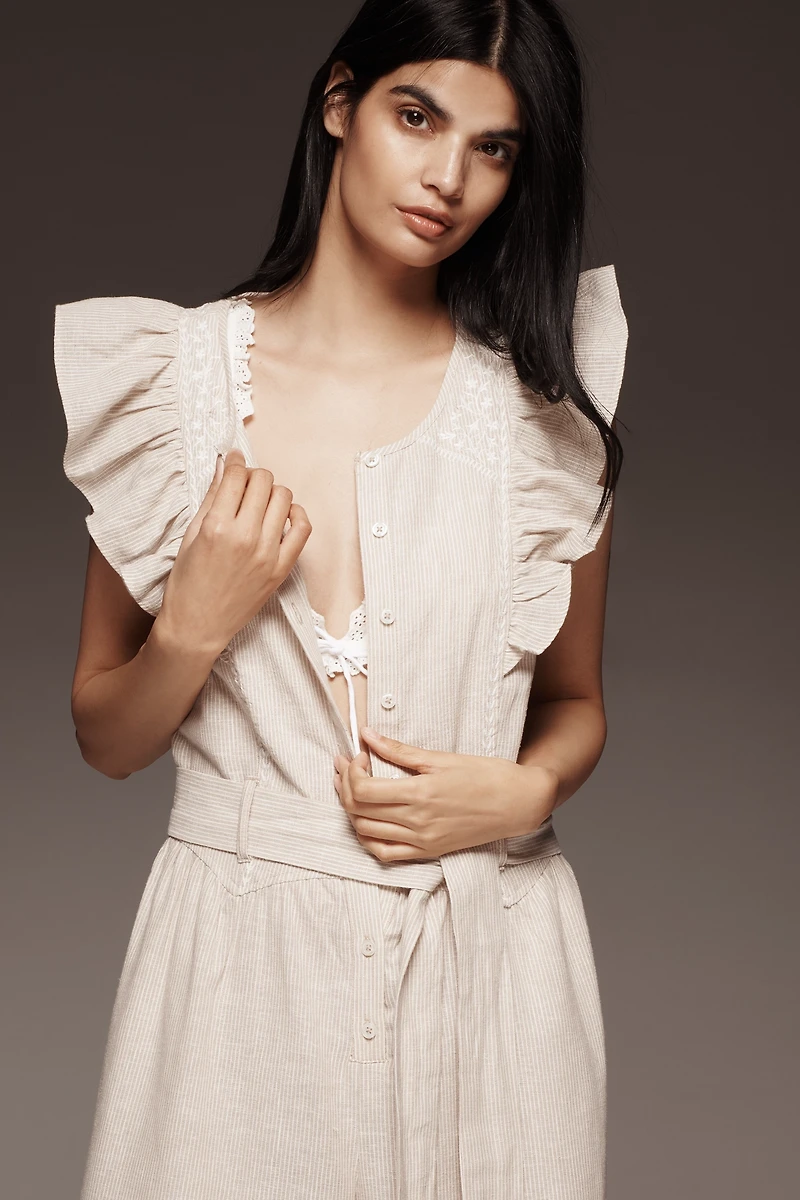 By Anthropologie Linen Blend Ruffle Jumpsuit