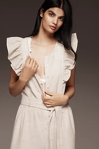 By Anthropologie Linen Blend Ruffle Jumpsuit