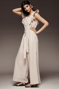 By Anthropologie Linen Blend Ruffle Jumpsuit