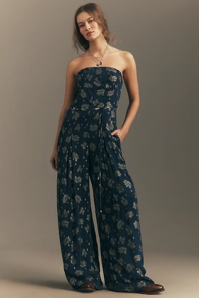By Anthropologie Strapless Shine Wide-Leg Jumpsuit