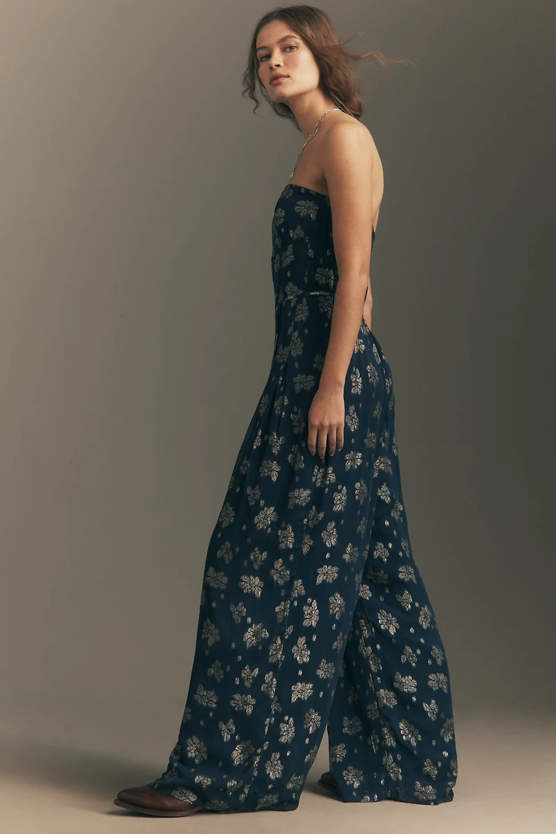By Anthropologie Strapless Shine Wide-Leg Jumpsuit
