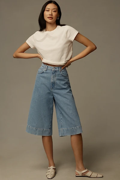 PAIGE Eva High-Rise Polished Long Denim Shorts
