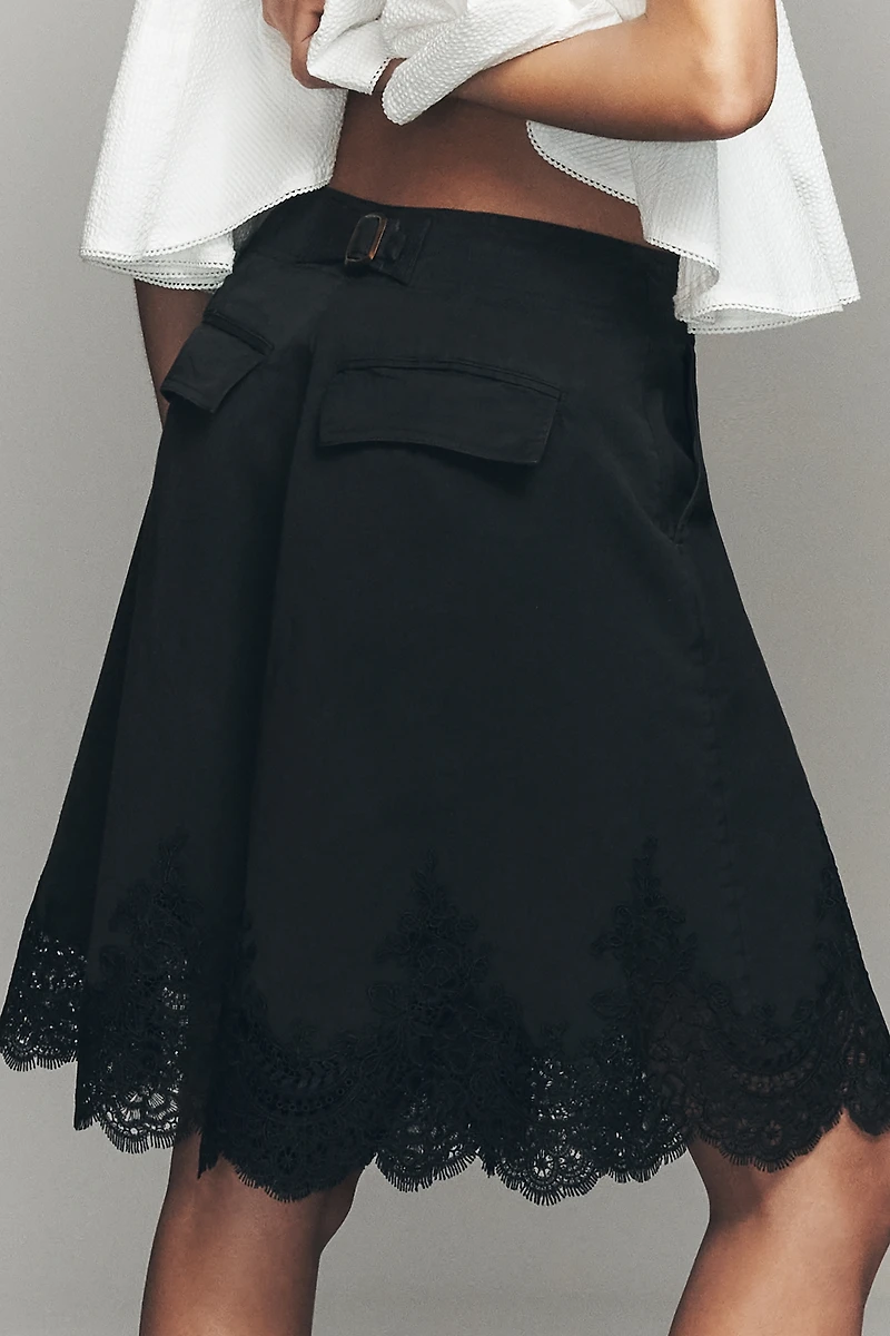 By Anthropologie Pleated Lace-Hem Knee-Length Shorts