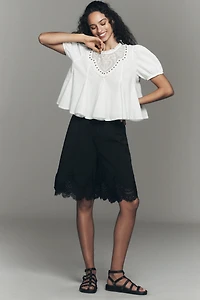 By Anthropologie Pleated Lace-Hem Knee-Length Shorts