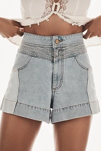 KIVARI Carla Stitched-Yoke Contrast Denim Shorts