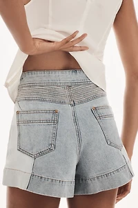 KIVARI Carla Stitched-Yoke Contrast Denim Shorts