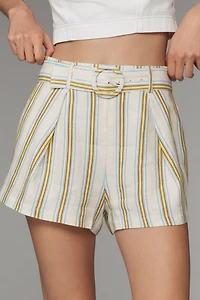 Maeve Linen Striped Belted Shorts