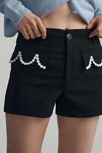 The Colette Linen Blend Daisy-Trim Shorts by Maeve